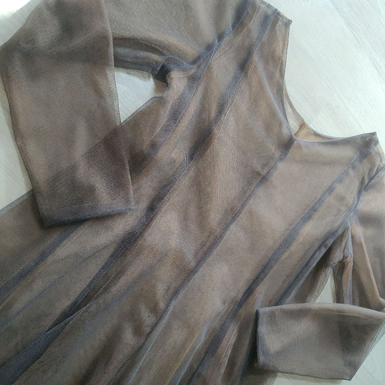 시스루 롱원피스 브이넥 긴팔 롱슬리브 레이어드 브라운 메쉬 연말파티 드레스 파티룩 레이스업 오간자 플레어 샤스커트 이미지