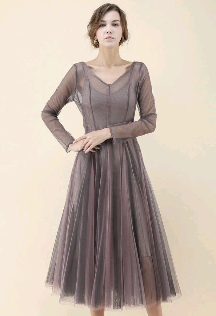 시스루 롱원피스 브이넥 긴팔 롱슬리브 레이어드 브라운 메쉬 연말파티 드레스 파티룩 레이스업 오간자 플레어 샤스커트 이미지