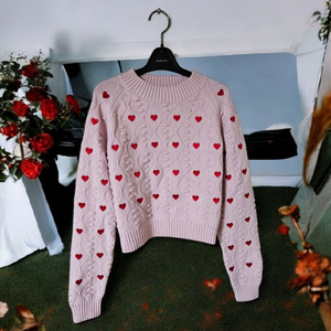 레드 하트 자수/ 미착용 /핑크 크롭 니트 스웨터 F /상태좋음