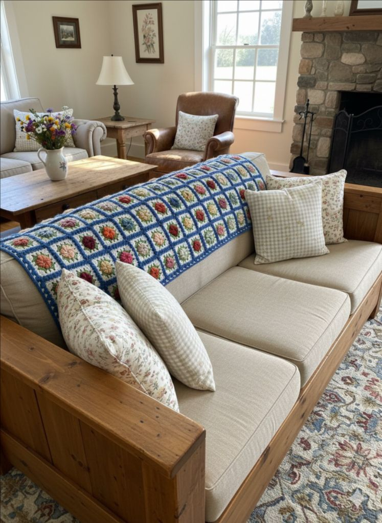 캐나다 빈티지 꽃 그래니 스퀘어 크로셰 담요--8