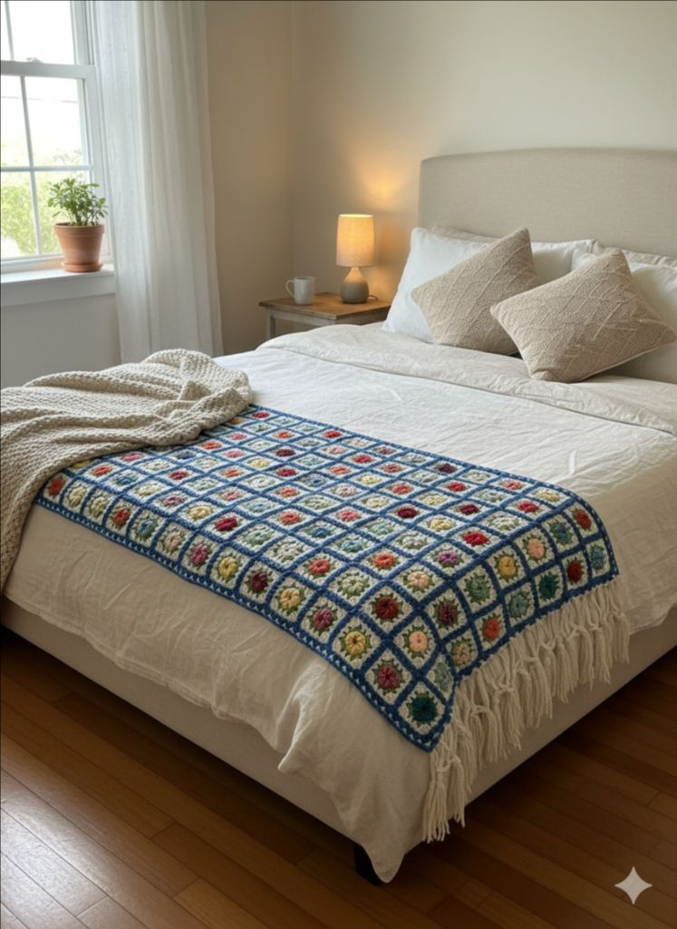 캐나다 빈티지 꽃 그래니 스퀘어 크로셰 담요--9