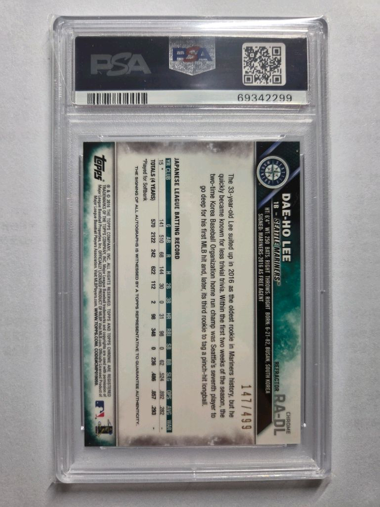 이대호 탑스크롬 루키 499한정 친필 싸인 온오토 리프렉터 PSA9 등급카드 이미지