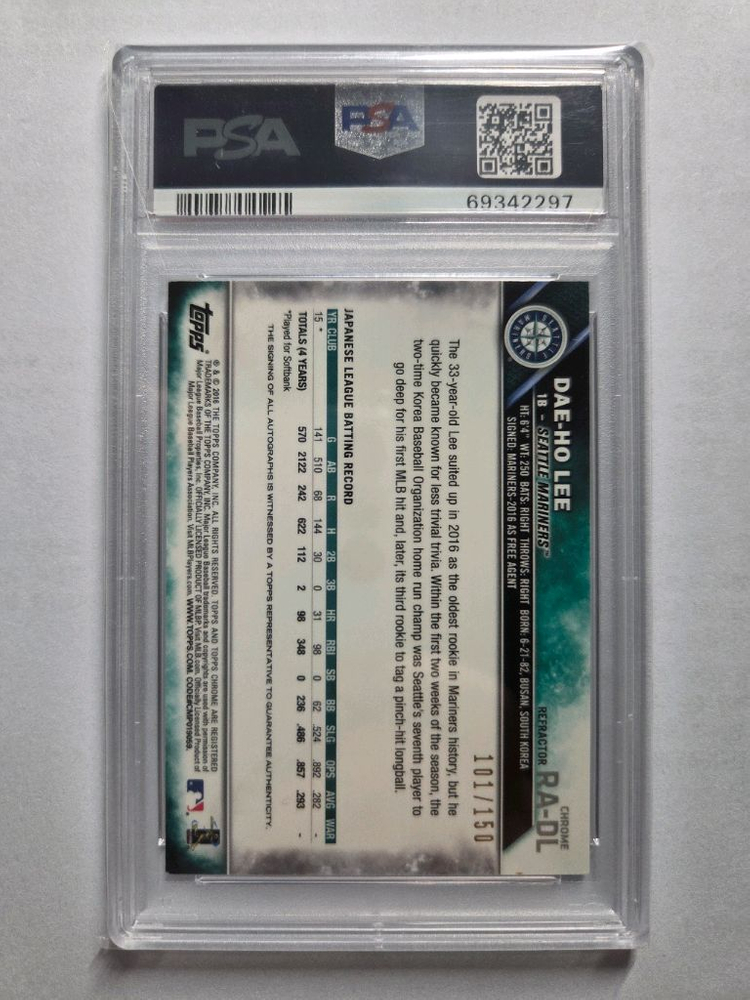 이대호 탑스크롬 루키 150한정 친필 싸인 온오토 블루 리프렉터 PSA 등급카드 이미지