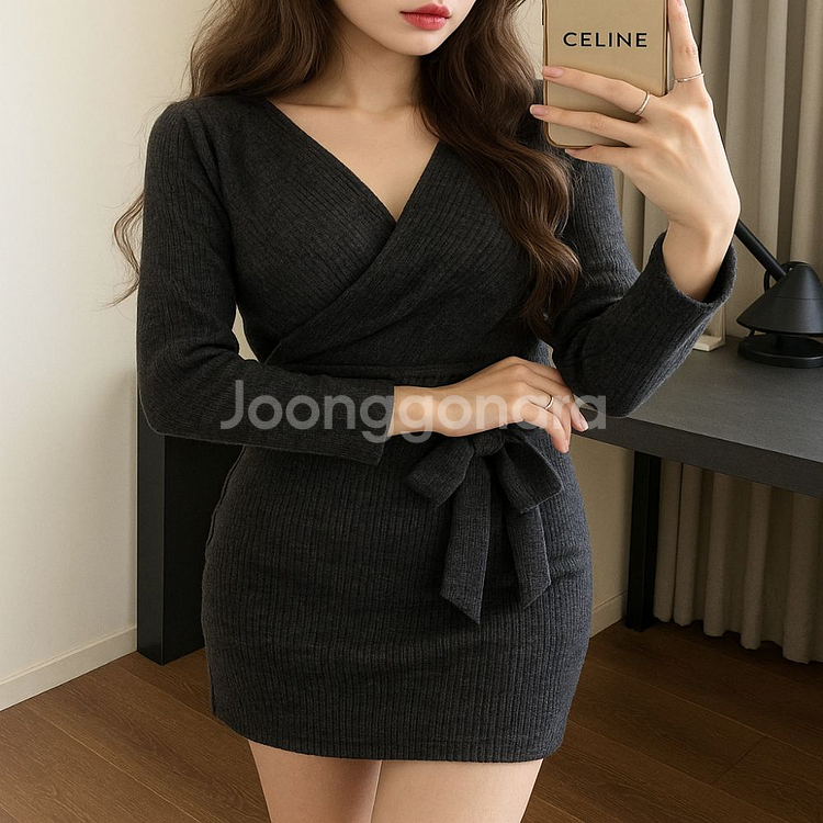 브이넥 골지 랩 니트 미니원피스ㅡ무배--5