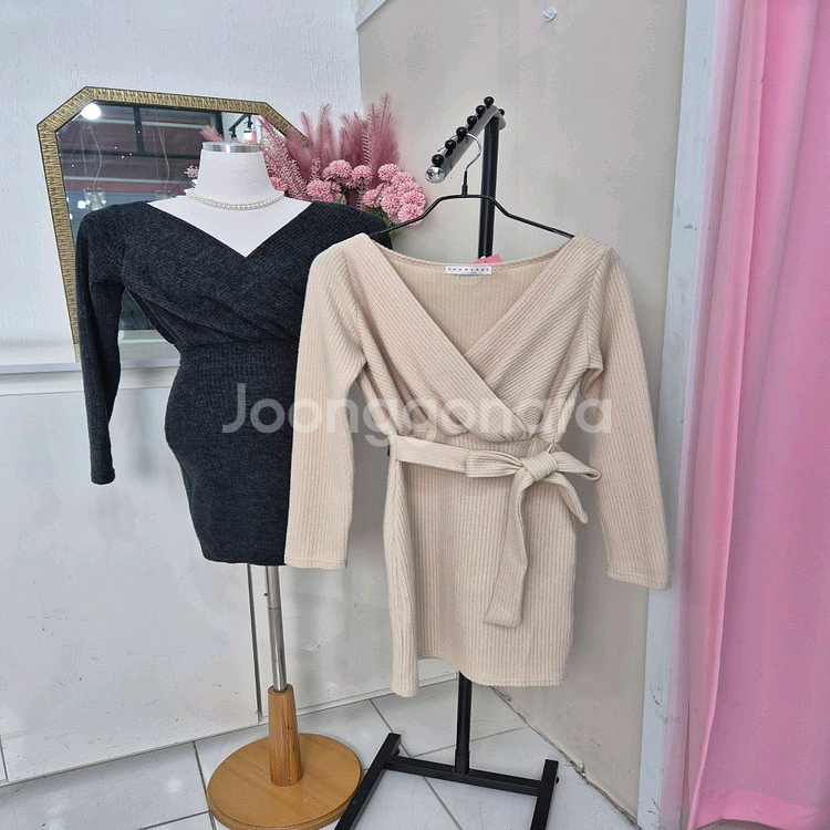 브이넥 골지 랩 니트 미니원피스ㅡ무배--6