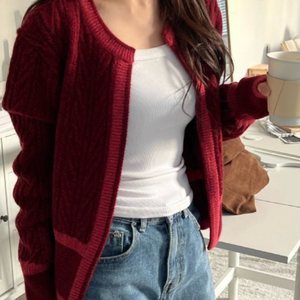 에브모우 라쿤 케이블 니트 가디건 레드