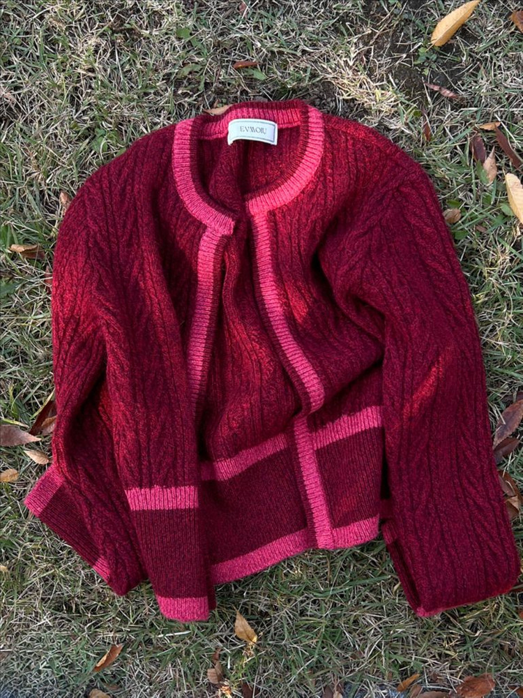 에브모우 라쿤 케이블 니트 가디건 레드--1