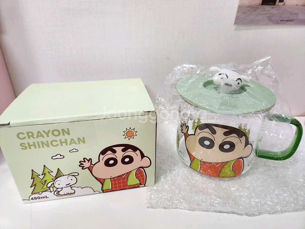 [정품] 짱구 컬러 손잡이 피규어 뚜껑 유리컵 480ml--0