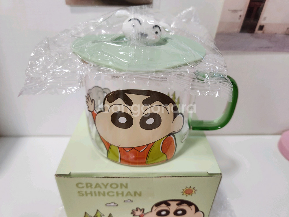 [정품] 짱구 컬러 손잡이 피규어 뚜껑 유리컵 480ml--1