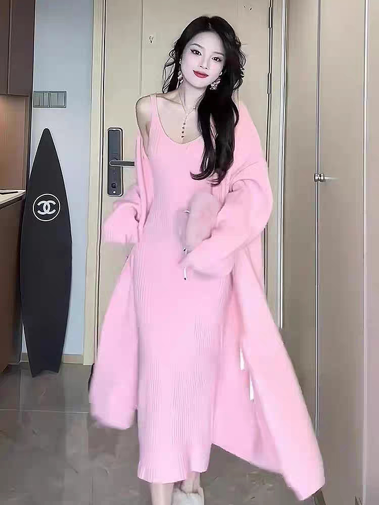 니트 롱 가디건 나시 원피스 세트--2