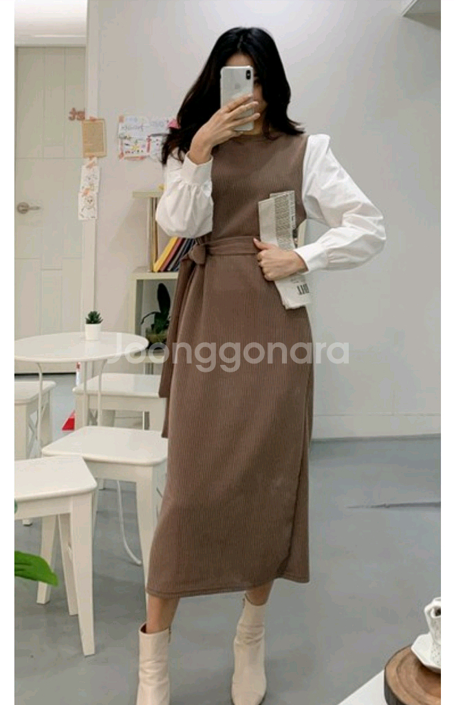 배색 골지니트 롱원피스 66--0