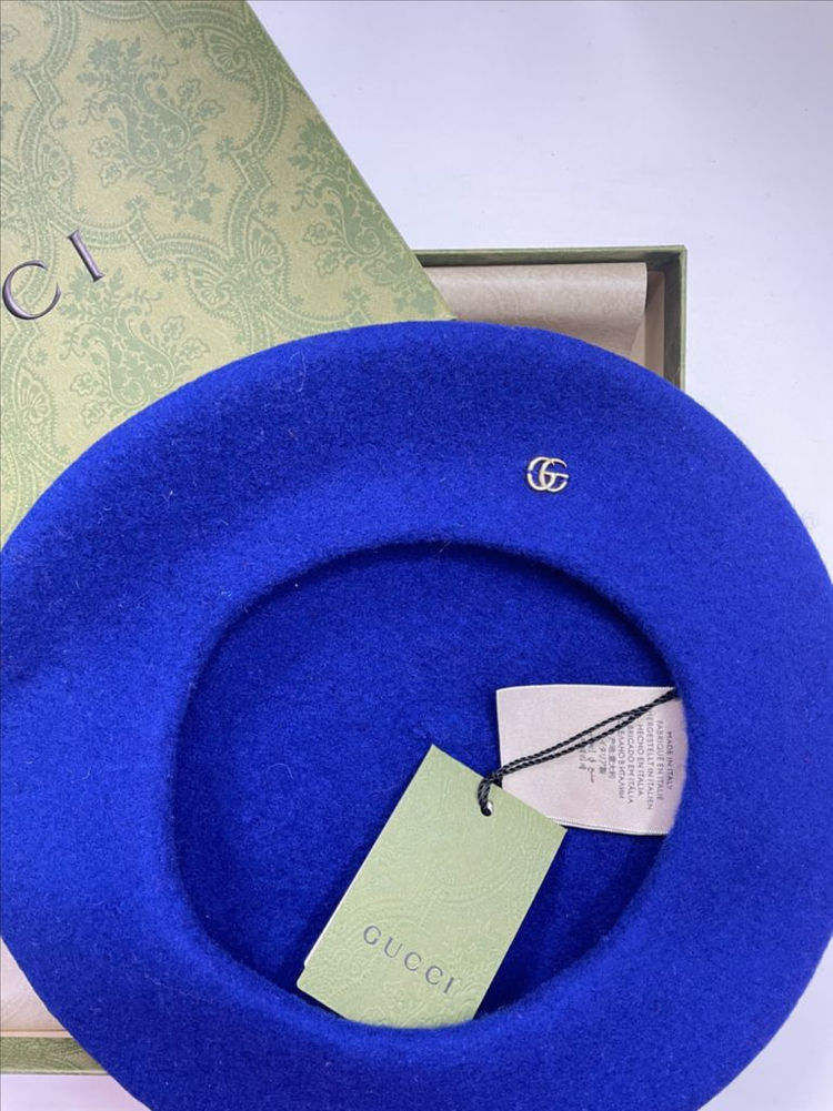 새상품 구찌 GG 로고 울 펠트 베레모 모자 블루 이미지