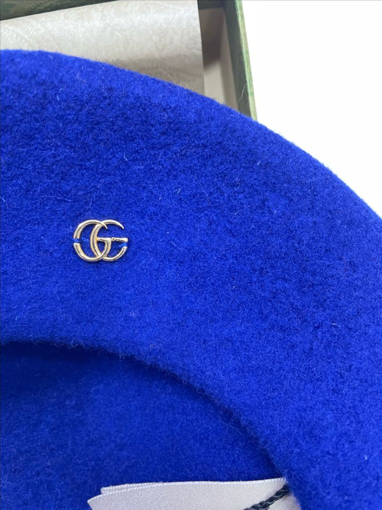 새상품 구찌 GG 로고 울 펠트 베레모 모자 블루 이미지