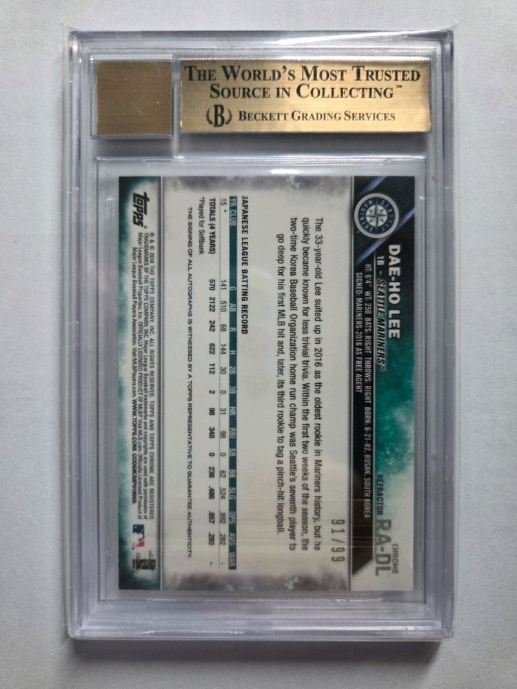 이대호 탑스크롬 루키 99한정 친필 싸인 온오토 그린 리프렉터 BGS9.5 등급카드 이미지