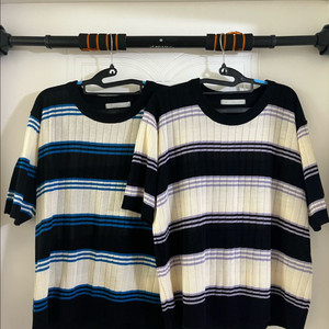 육육걸즈 스트라이프 줄무늬 여름니트 반팔 루즈핏 티셔츠 연보라 블루 세트