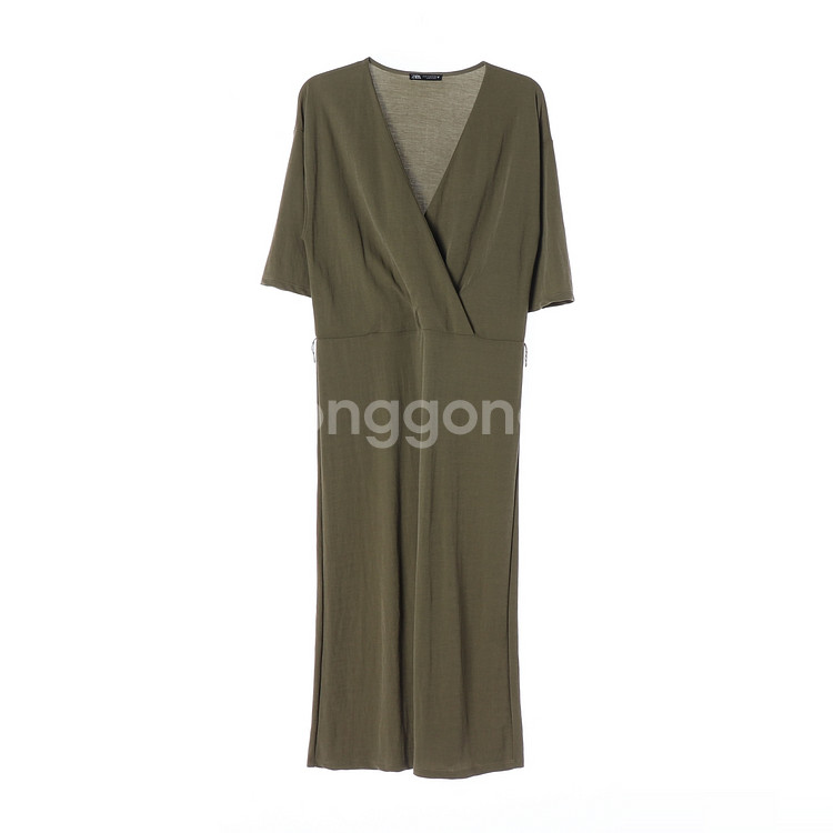 [S]자라 카키 브이넥 반팔 롱 원피스 드레스--0