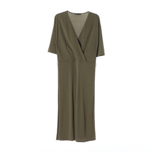 [S]자라 카키 브이넥 반팔 롱 원피스 드레스