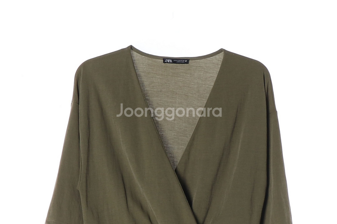 [S]자라 카키 브이넥 반팔 롱 원피스 드레스--2