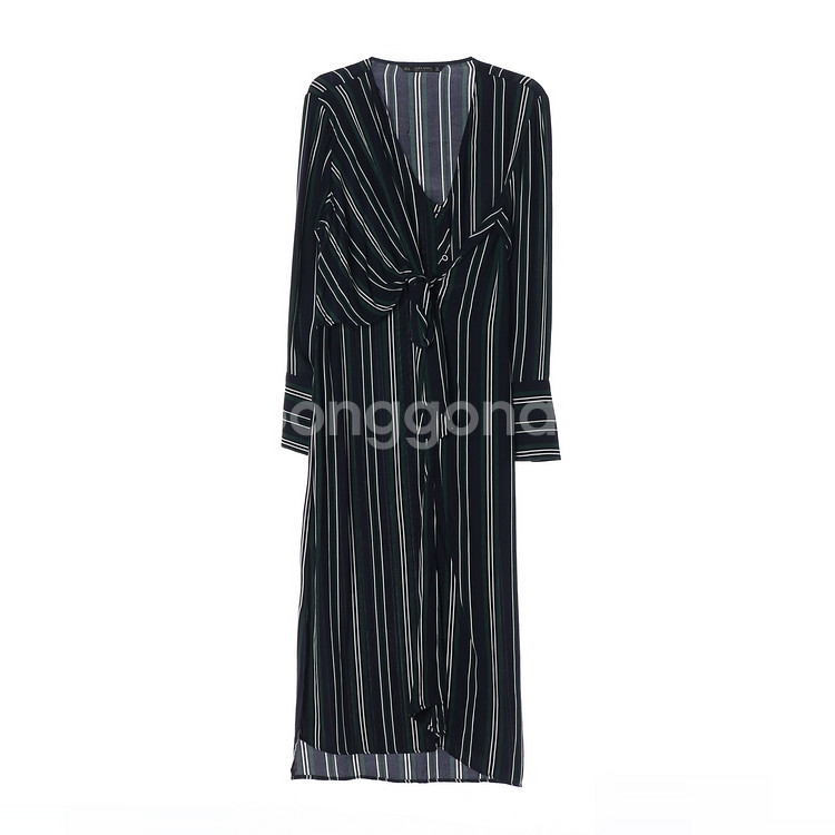 [M]자라 네이비 그린 브이넥 드레이프 긴팔 맥시 롱 원피스 드레스--0