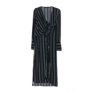 [M]자라 네이비 그린 브이넥 드레이프 긴팔 맥시 롱 원피스 드레스