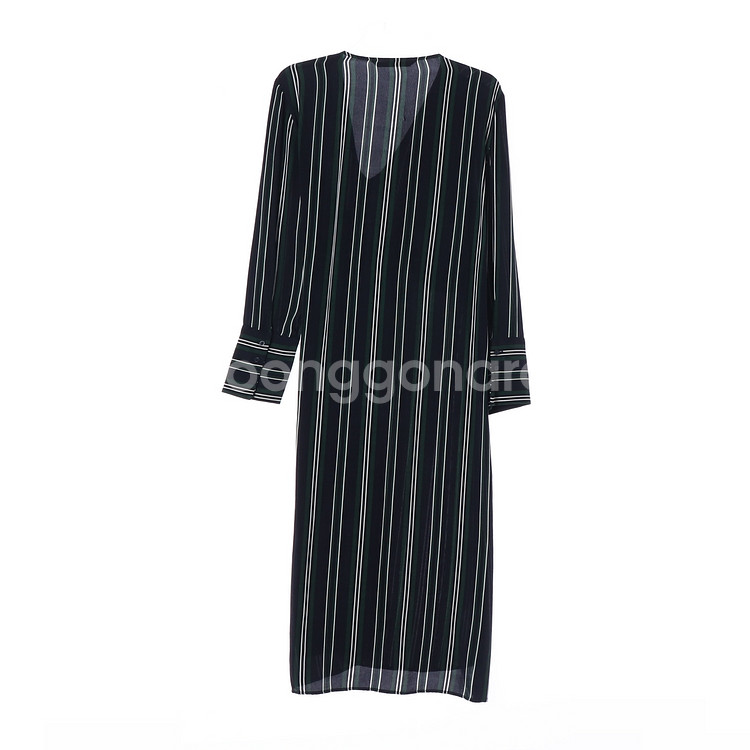 [M]자라 네이비 그린 브이넥 드레이프 긴팔 맥시 롱 원피스 드레스--1