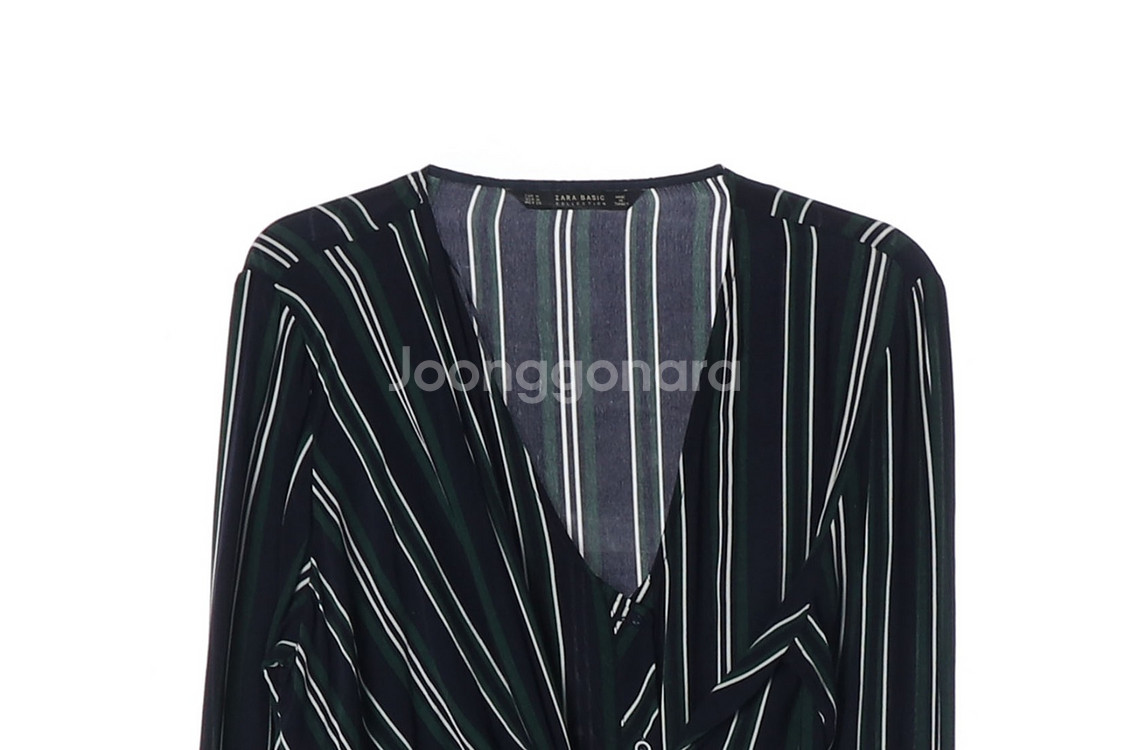 [M]자라 네이비 그린 브이넥 드레이프 긴팔 맥시 롱 원피스 드레스--2