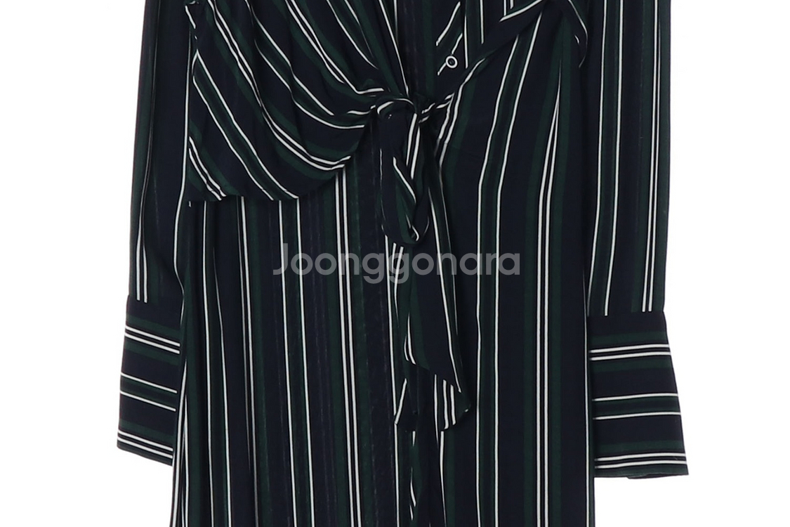 [M]자라 네이비 그린 브이넥 드레이프 긴팔 맥시 롱 원피스 드레스--3