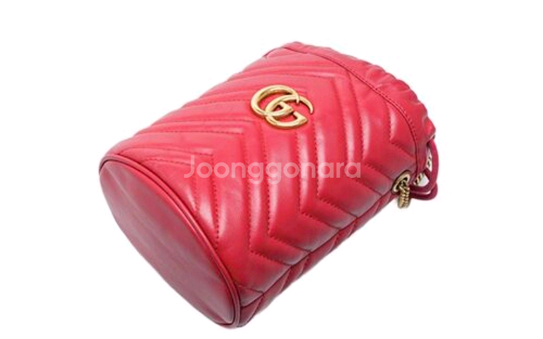 구찌 레드 카프스킨 마틀라세 GG 마몬트 미니 버킷백--2