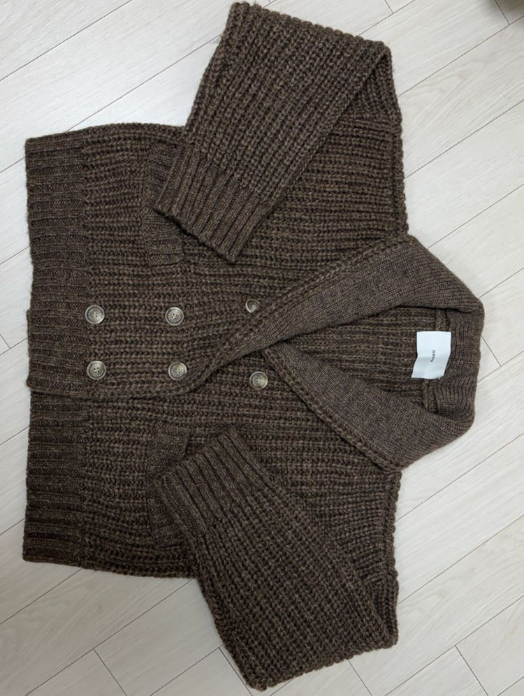 엘보른 더블 브레스티드 숄 칼라 가디건 브라운 Double-breasted Shawl Collar Cardigan--1