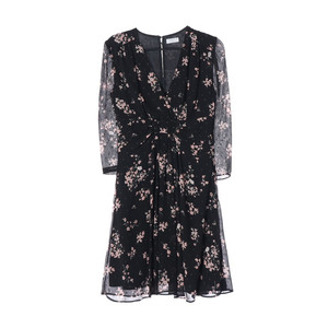 [S]끌로디피에로 블랙 핑크 플로럴 쉬폰 긴팔 플레어 원피스