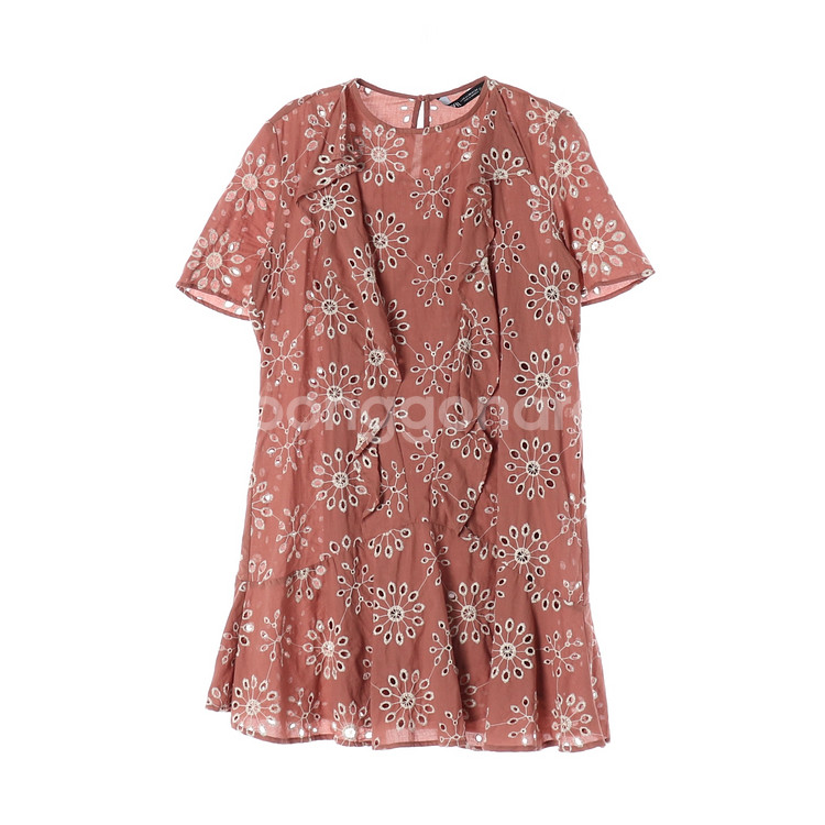 [XS]자라 인디핑크 플로럴 아일렛 러플 반팔 원피스 드레스--0