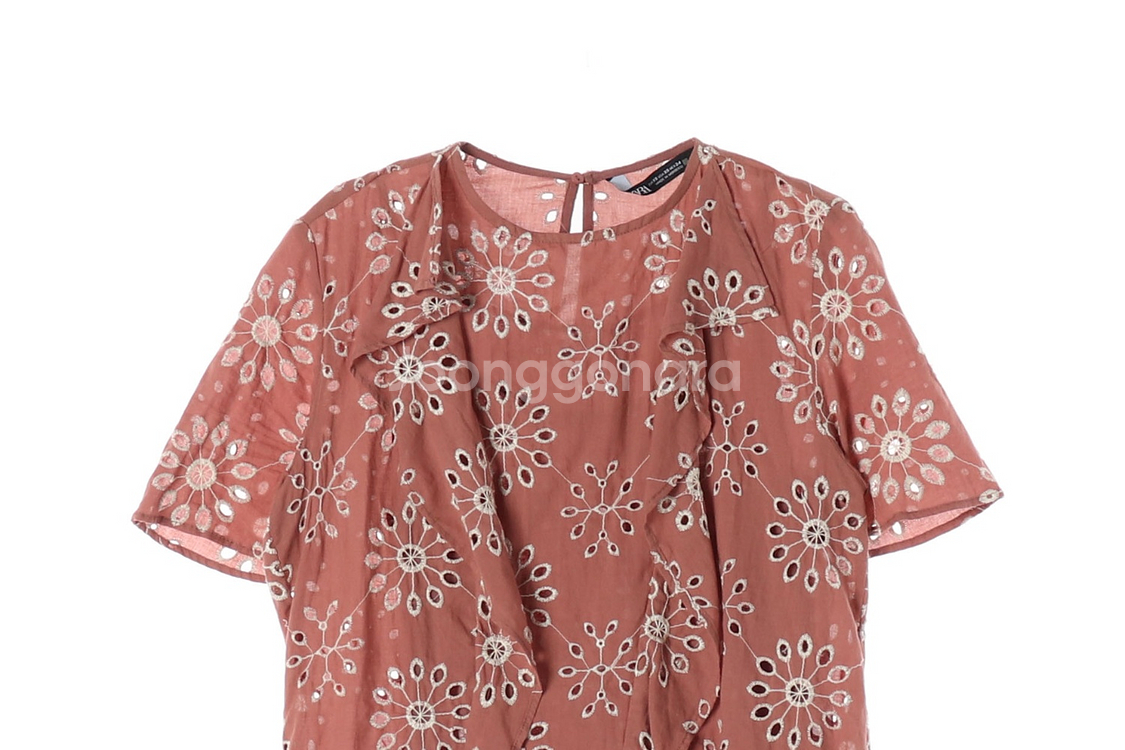 [XS]자라 인디핑크 플로럴 아일렛 러플 반팔 원피스 드레스--1