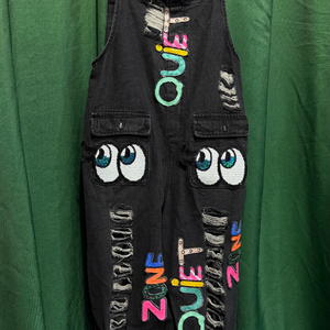 스팽글 눈동자패치 청 멜빵바지 L