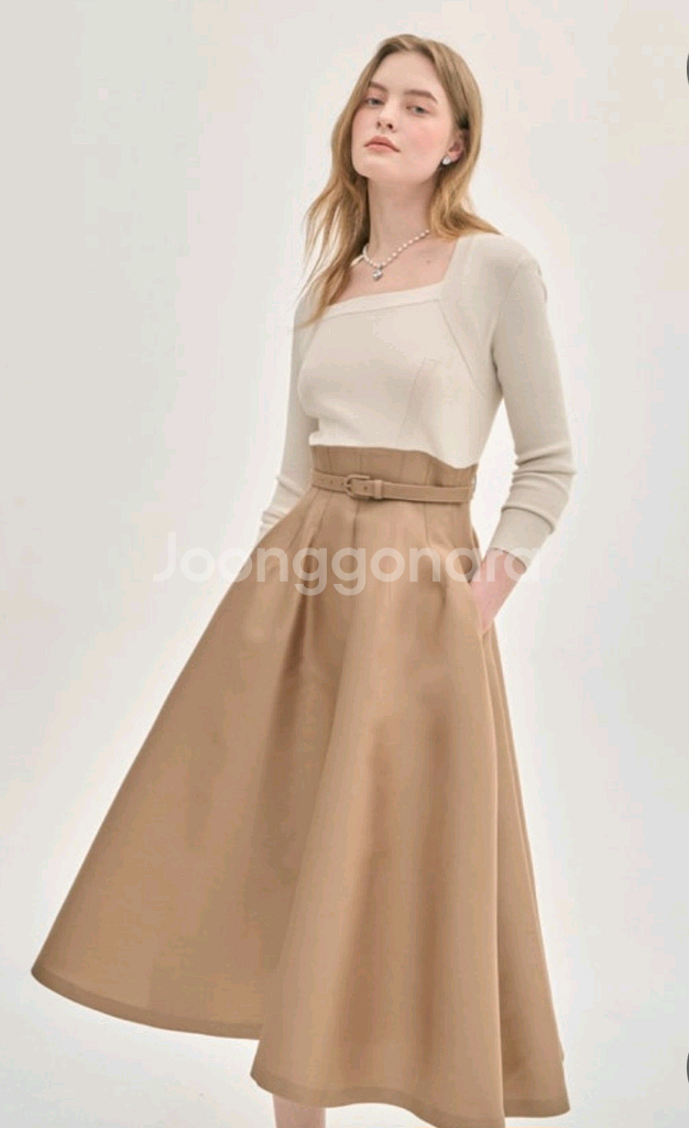 오브제 스퀘어넥 니트블록 플레어 롱원피스 55사이즈--1