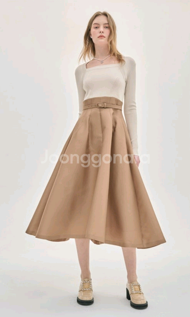 오브제 스퀘어넥 니트블록 플레어 롱원피스 55사이즈--3