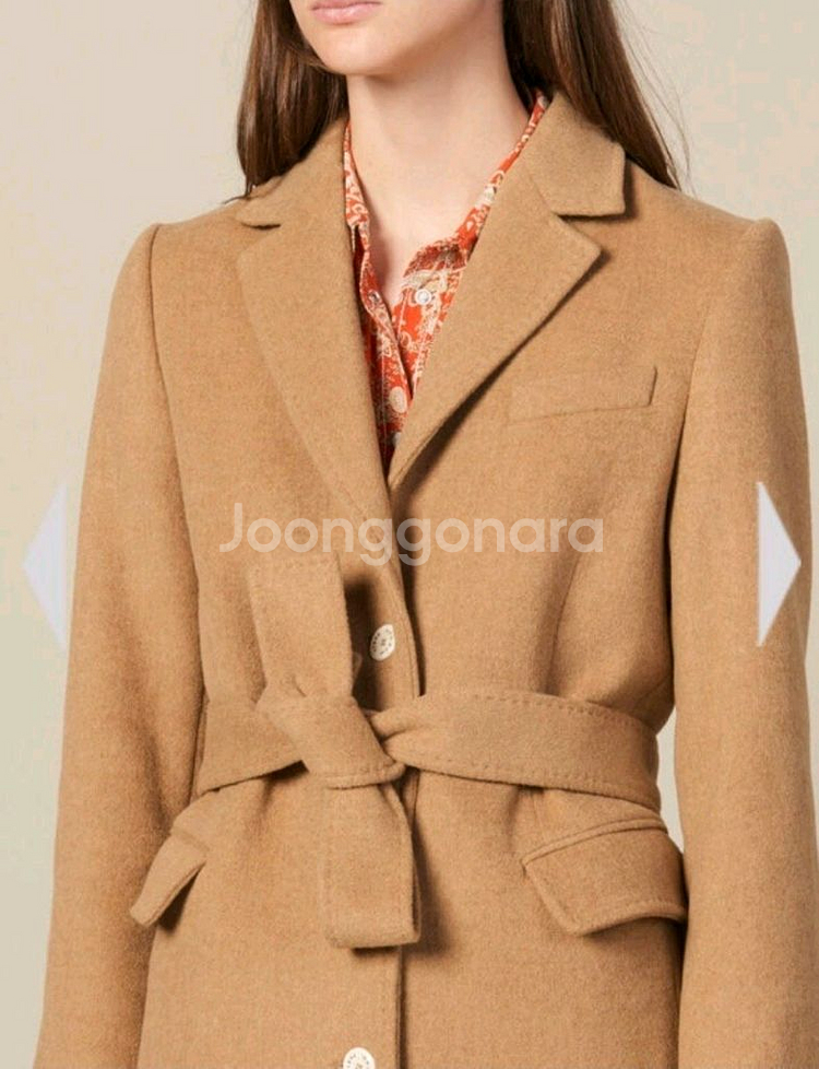 산드로 Sandro 여성 울 롱코트 벨트 벨티드 자켓 카멜--1