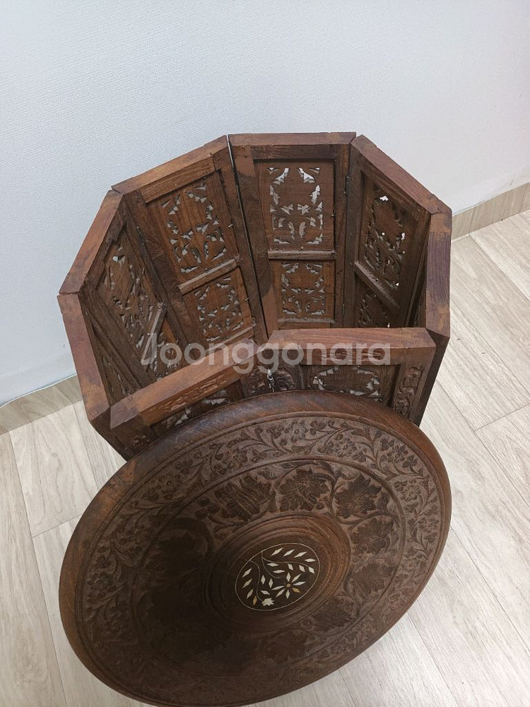 인도 수공예 조각 팔각형 접이식 사이드테이블--5