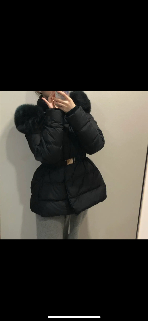 더블제이 블랙 왕 폭스퍼 벨티드 점퍼 숏 패딩 코트 벨트 올드머니룩 이미지