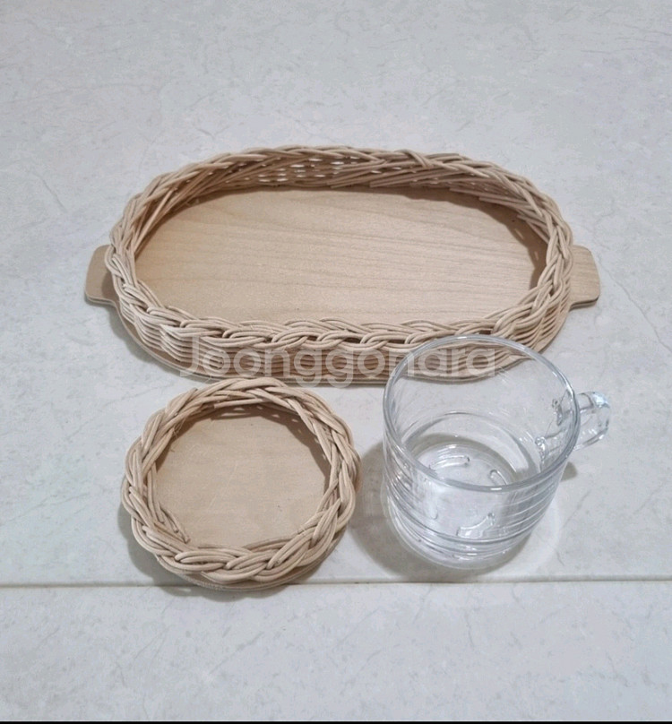 라탄 트레이 & 컵받침 & 유리컵 세트--0