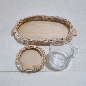 라탄 트레이 & 컵받침 & 유리컵 세트