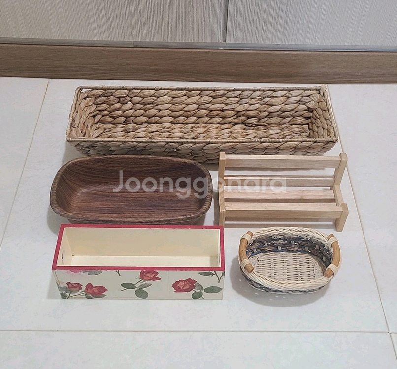 라탄 원목 나무 바구니 인테리어 장식 5개 일괄--0