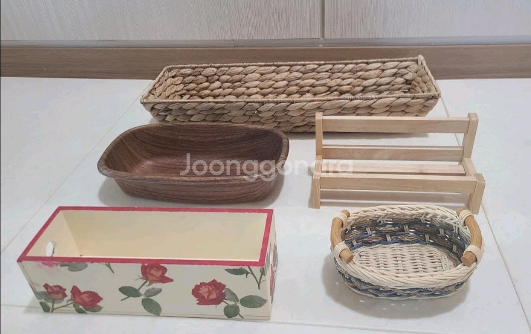 라탄 원목 나무 바구니 인테리어 장식 5개 일괄--1