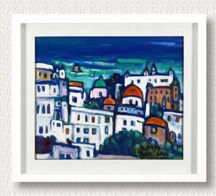 유화그림, 인기그림, 최정길작가, 바닷가(산토리니)진품 이미지