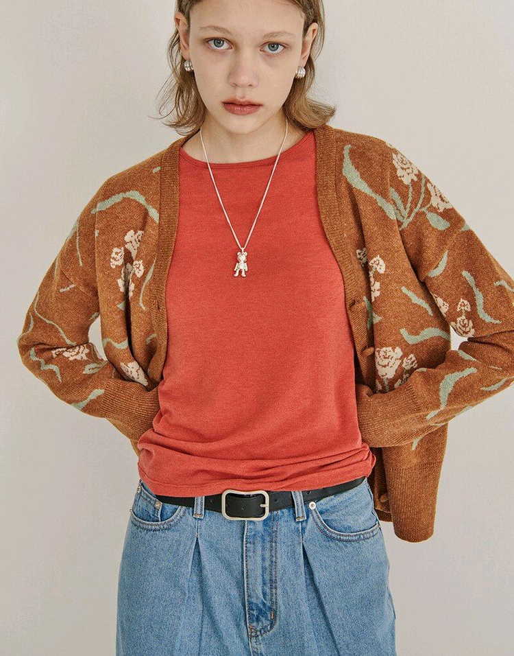 시눈 블레이브 빈티지 레트로 플라워 패턴 브라운 브이넥 가디건--2