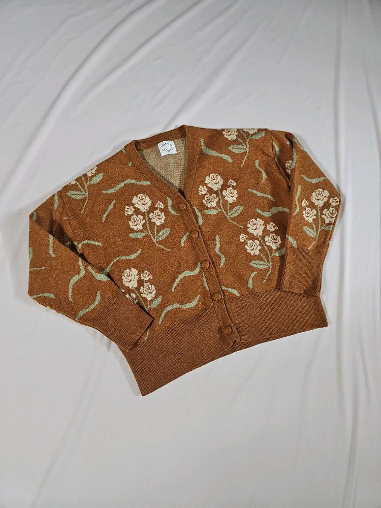 시눈 블레이브 빈티지 레트로 플라워 패턴 브라운 브이넥 가디건--3
