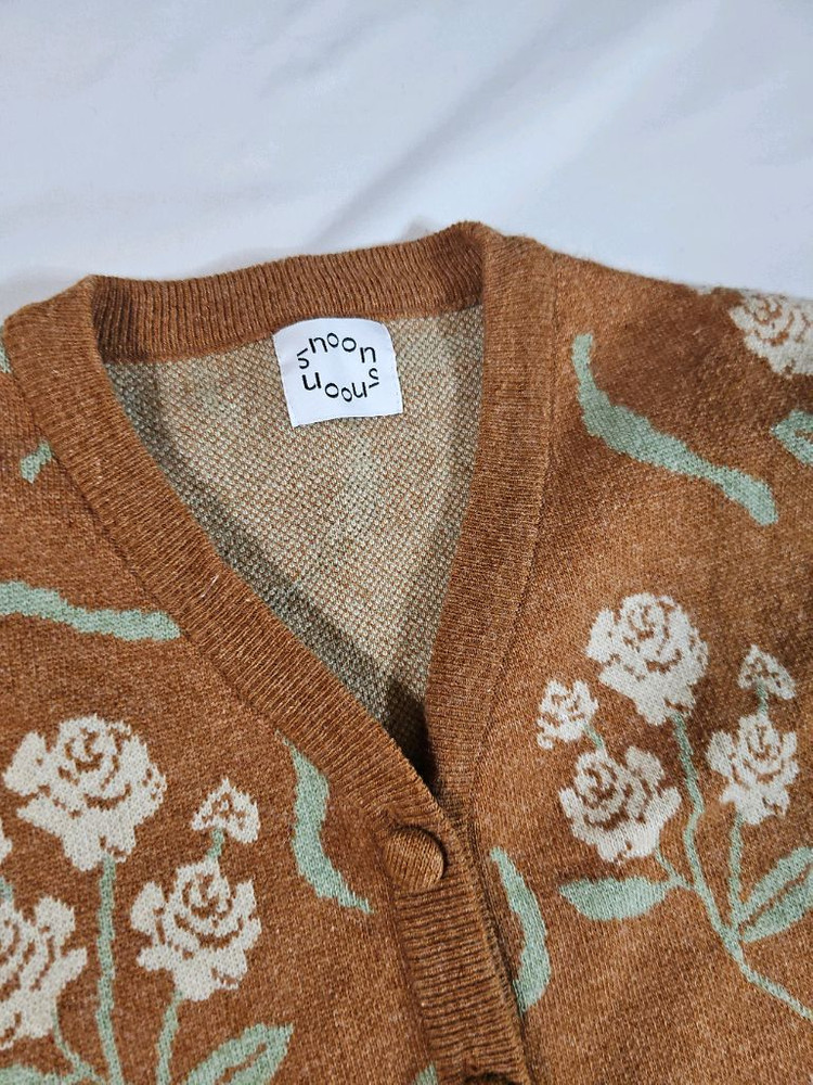 시눈 블레이브 빈티지 레트로 플라워 패턴 브라운 브이넥 가디건--4