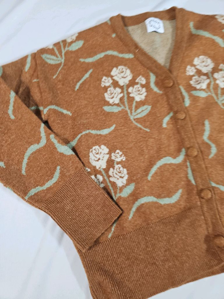 시눈 블레이브 빈티지 레트로 플라워 패턴 브라운 브이넥 가디건--5