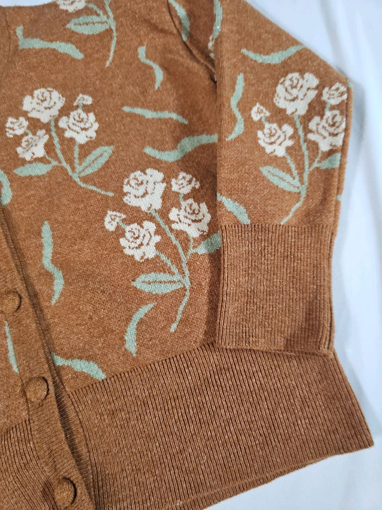 시눈 블레이브 빈티지 레트로 플라워 패턴 브라운 브이넥 가디건--6