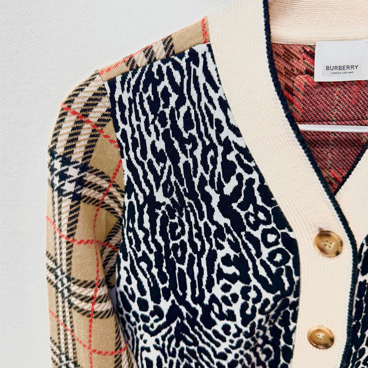 버버리 키즈 빈티지 체크 & 레오파드 자카드 가디건--0