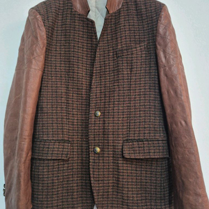 LUOMO 브라운 체크 가죽 배색 자켓